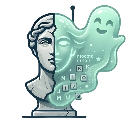 The Stone Guest logo: a marble bust, half of it turning into a friendly green ghost with keyboard keys and binary digits.